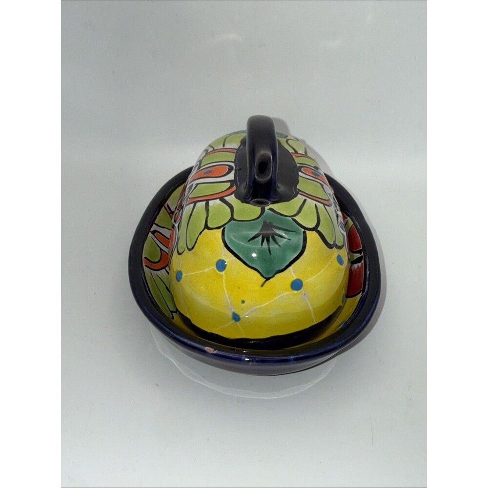 Talavera Mexican Pottery Butter Dish Hand Painted Ceramic Lid Tray 7” - Picture 3 of 11